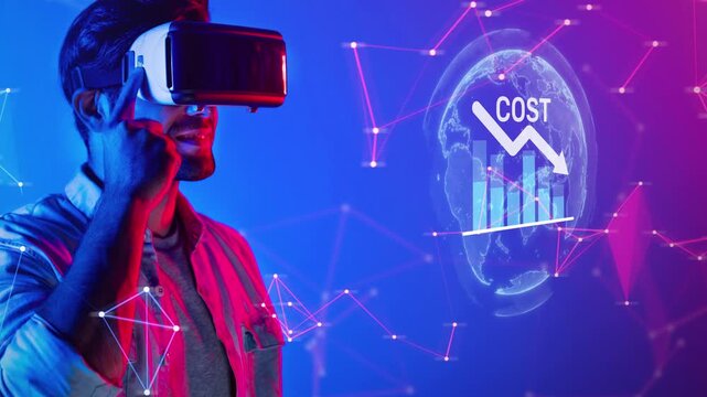 A young man explores immersive technology through a virtual reality headset, engaging with financial data and cost trends in an innovative digital landscape. Raster