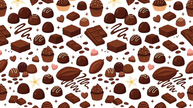 Seamless pattern with assorted chocolate candies and cocoa beans on a white background vector illustration