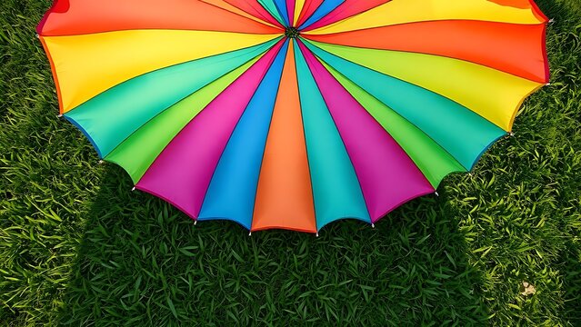 A bright rainbow parachute laid out on lush green grass, evoking summer adventures.