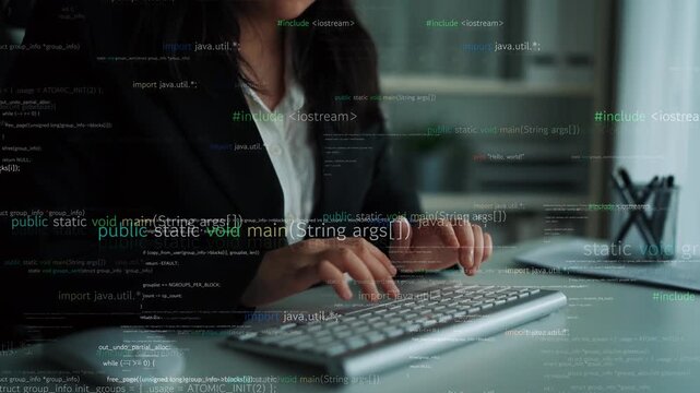 A focused developer types on a keyboard in a sleek office, surrounded by digital code overlays that reflect the complexities of software development and problem-solving. Xenic
