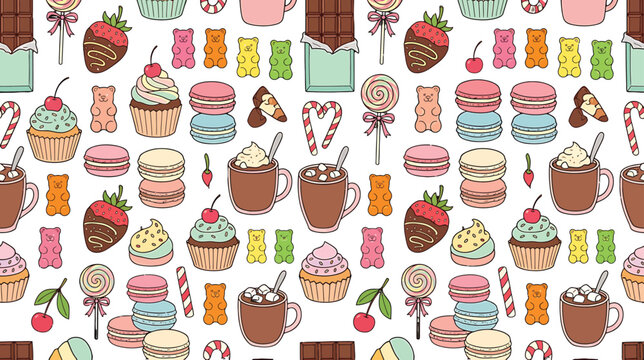 Seamless pattern with hand drawn sweets cupcakes chocolate bars and colorful gummy candies on white background