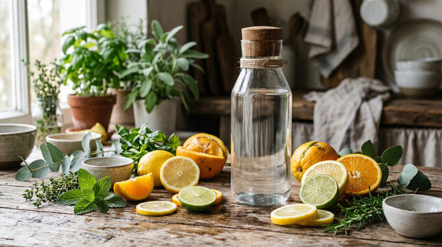 glass bottle with fresh detox water among citrus fruits herbs and mint on wooden table