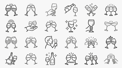 Fototapeta premium Industrial Style Icons Set of Cheers and Wine Glasses Celebration Symbols in Monochrome with high quality professional line art symbols for modern creative design and digital branding projects