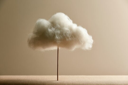 Minimalist fluffy white cotton cloud on a thin wooden stick over a beige background