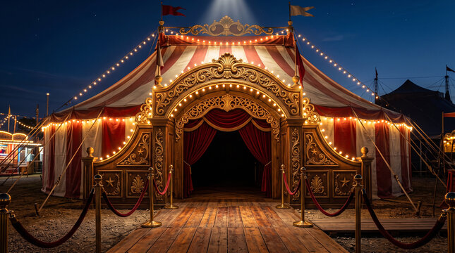 Grand entrance to a vintage circus marquee tent illuminated with golden lights at night