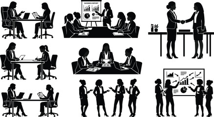 Obraz premium Professional businesswoman silhouettes set for corporate teamwork leadership recruitment and successful project management scenarios