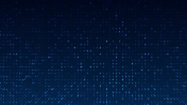 Glowing blue character matrix visual with floating numbers, letters, and dark digital depth. Perfect for coding videos, cyber screens, software intros, and motion overlays.