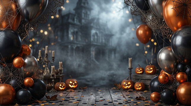 halloween party background with balloons pumpkins confetti and spider web decorations