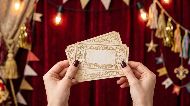 Hands holding empty vintage circus tickets on festive red curtain background