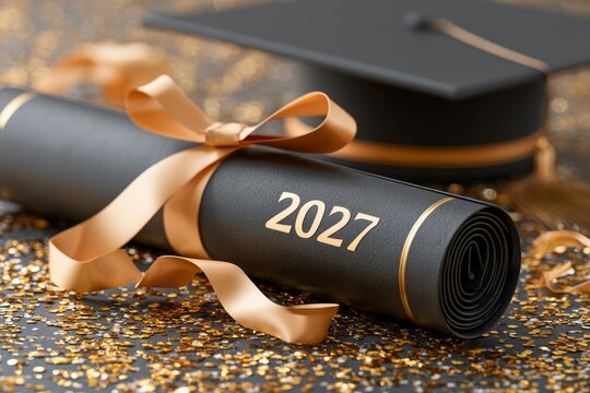 Elegant 3D Decorative Graduation Scroll with Ribbon and Cap on a Glittery Background Celebrating Success