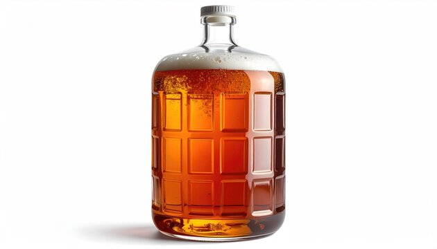 Large glass carboy filled with amber liquid and frothy head, ready for fermentation