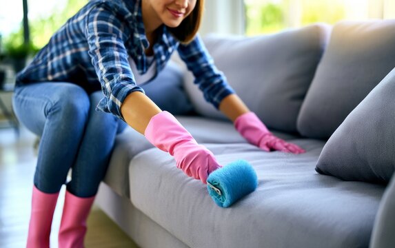 Woman Wearing Gloves Cleaning Couch in Bright Household Environment with Elegant Decor