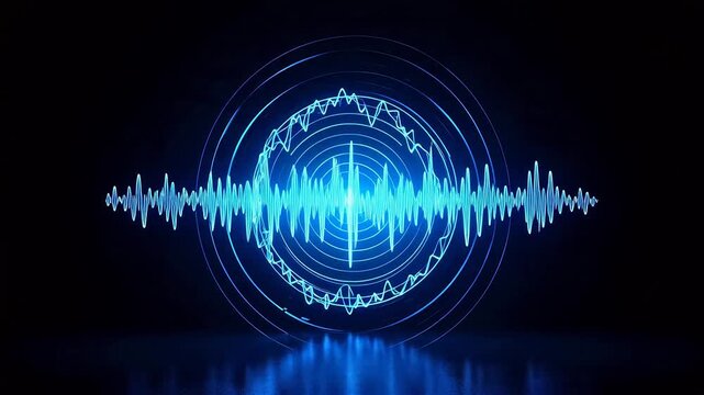 Glowing Blue Audio Waveform with Concentric Circles and Reflection on Dark Background