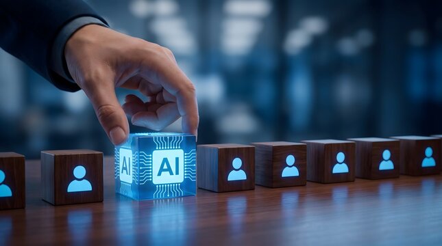 Businessman Hand Placing AI Block into Line of Employee Blocks