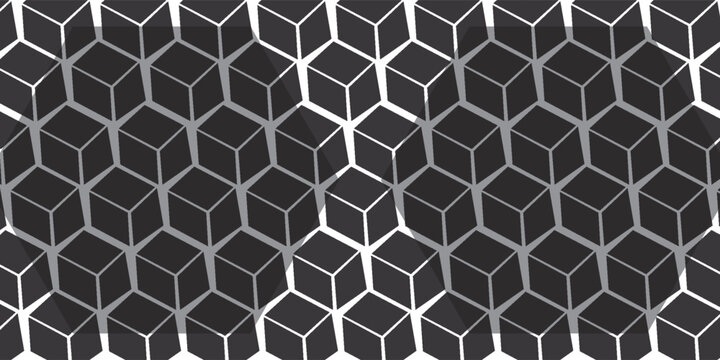 Cubic shapes pattern with gradient effect. Vanishing repeated cubes in isometric projection. Minimalistic abstract geometric print. Wallpaper with faded diamond forms. Vector graphic illustration.