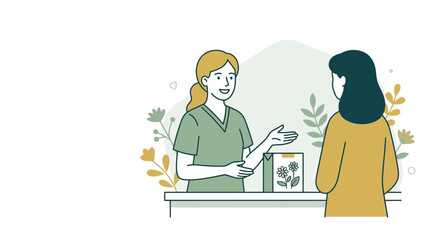 Fototapeta premium Pharmacist advising customer on herbal tea, illustrating natural remedies and healthcare consultation.