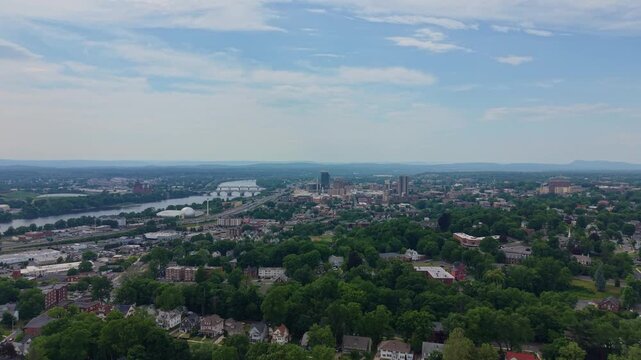 Amazing distant drone panorama of Springfield city skyline with 91 Highway environment and bridge connections, Massachusetts, US