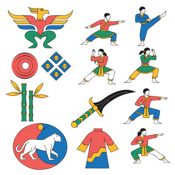 Indonesian Pencak Silat Cultural Illustration Collection with Tiger Garuda and Keris Icons