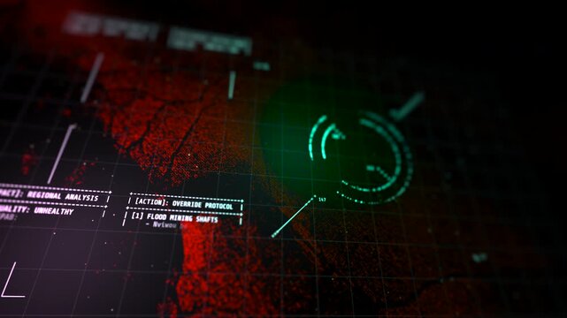 A dark digital dashboard flashes red warning indicators alongside regional analysis data during an environmental emergency. Ideal for sci-fi films and climate crisis narratives.