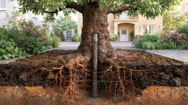 Detailed Educational Illustration of Tree Cross Section with Visible Roots and Ground Elements
