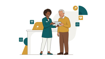 Fototapeta premium Pharmacist Consults Senior Patient on Digital Health Tablet with Medical Icons