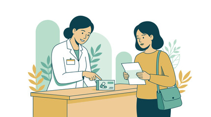 Fototapeta premium Pharmacist Counseling Customer at Pharmacy Counter with Prescription and Medication