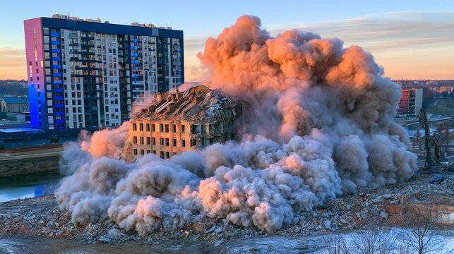 Controlled Demolition of an Aging Masonry Structure Brings Down Dust and Debris in Urban Landscape