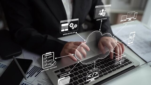 Cloud computing, cloud strategy, and cloud technology transforming digital infrastructure with scalable services, secure data storage, and cloud-based digital business solutions. Muxer
