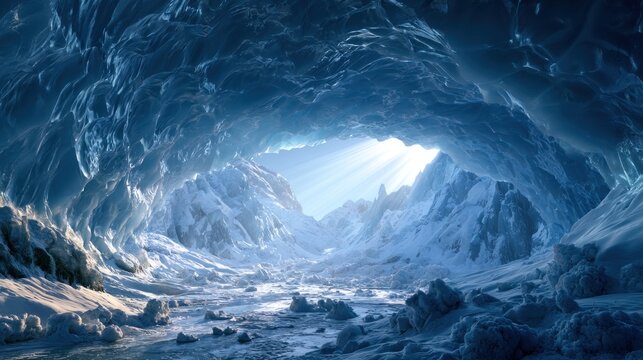 Sunlight streams into a vast icy cave landscape