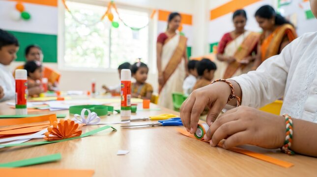 Children crafting Indian flags for India's Independence Day celebration in a bright classroom