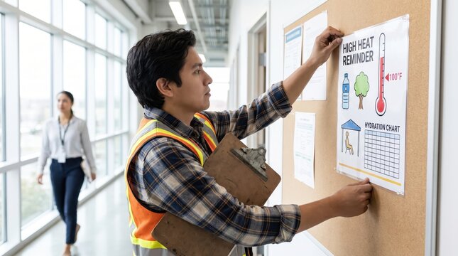 Construction worker reviewing Heatwave Safety notices