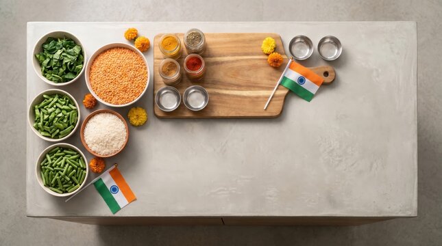 Indian Food Preparation for India's Independence Day Celebration with Spices and Flags