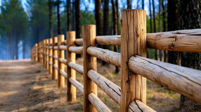Sturdy Wooden Ranch Fence in Serene Forest Setting on a Sunny Day