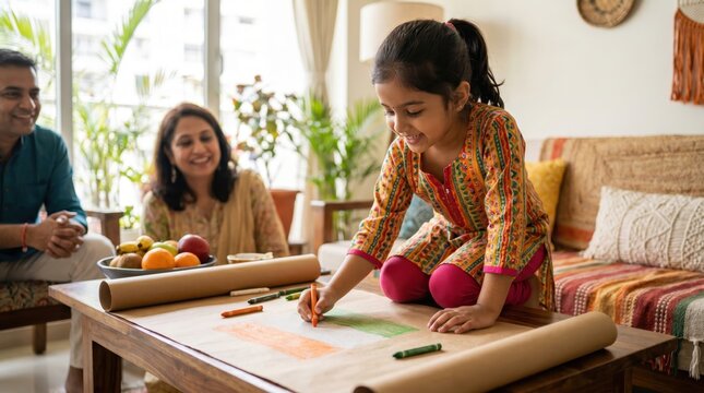 Indian girl drawing the tricolor flag of India's Independence Day with mother watching