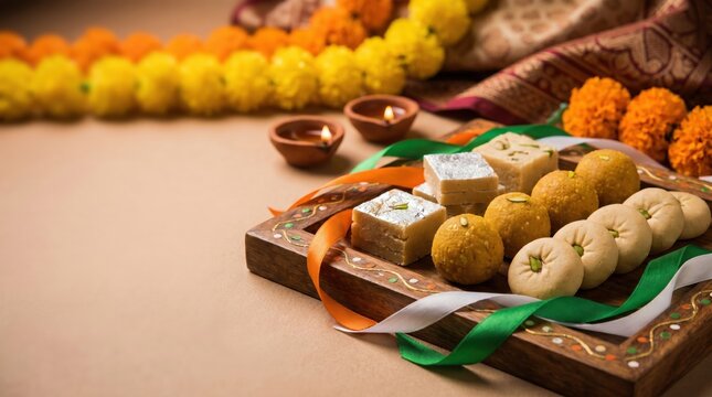 Indian Sweets and Diyas Displayed with Tricolor Ribbon for India's Independence Day Celebration