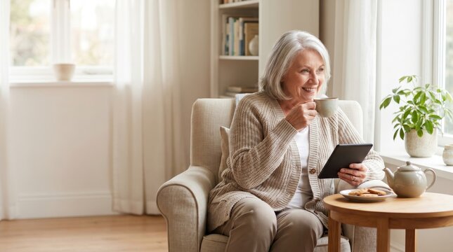 Senior Woman Enjoys Tablet and Coffee at Home for Senior Citizen Day