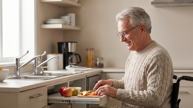 Senior Man Preparing Breakfast in Kitchen for Senior Citizen Day