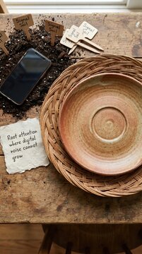 Smartphone and Rustic Plate Composing a Digital Detox on a Wooden Surface