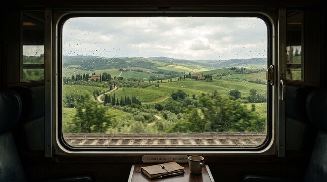 Cinematic Train Window View of Rainy Tuscan Hills
