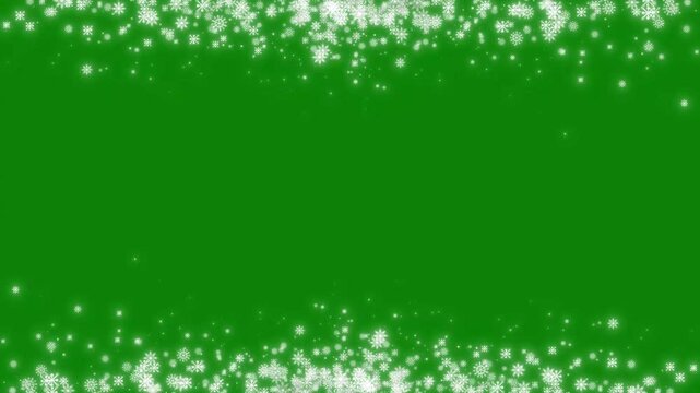 4k dynamic falling snowflakes and magical glowing sparkle particles border animation on chroma key green screen background for winter holiday video editing overlays