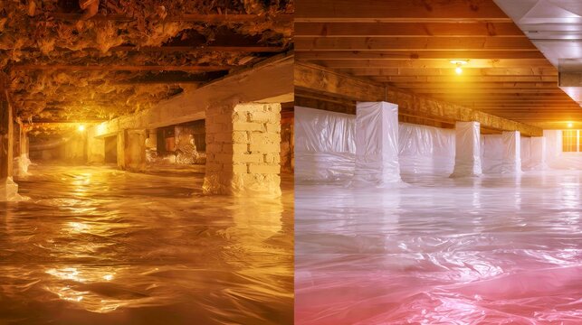 Interior of a Building Under Maintenance with Plastic Covering on the Floor and Exposed Structural Elements