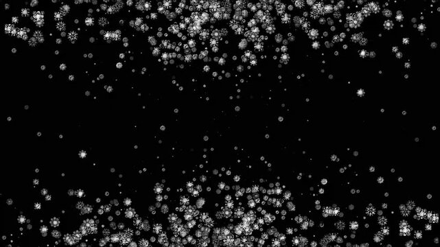 4k elegant horizontal snowfall borders with sparkling glitter dust motion graphics looping on black background for professional Christmas video
