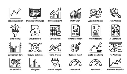 Obraz premium Title: Business Intelligence and Data Analytics Outline Icons Collection Premium Stroke Vector Set