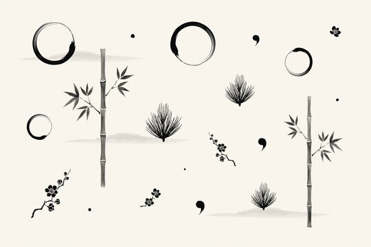 Japanese zen style ink wash painting featuring bamboo stalks, pine branches, plum blossoms, and enso circles on a light beige background