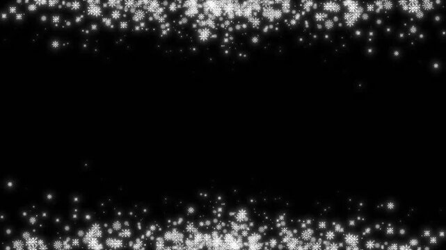 4k elegant snowfall and glowing winter glitter dust border looping motion graphics on black background for professional Christmas and festive video overlays
