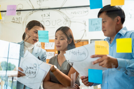 Group of young asian creative business brain storm meeting presentation,discussing roadmap to product launch, planning,strategy,new business development,working with new startup project in office.