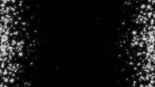 4k elegant vertical snowfall frame with sparkling glitter dust motion graphics looping on black background for professional Christmas greeting overlays