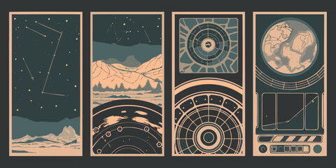 Four Rectangular Panels Depicting Celestial And Terrestrial Scenes Vector Illustration celestial map constellation star chart © ShreeShuvoKumar