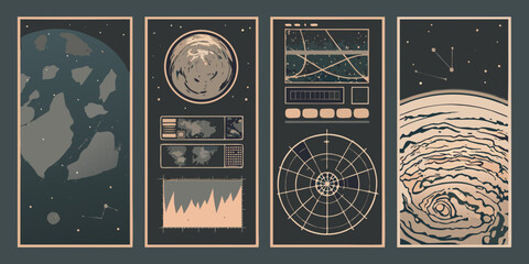 Four Vector Illustrations Of Space Elements With Data Visualizations Dark Backgrounds astronomy celestial © ShreeShuvoKumar