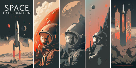 Space exploration themed vector illustrations featuring rockets astronauts and planetary landscapes astronaut travel © ShreeShuvoKumar